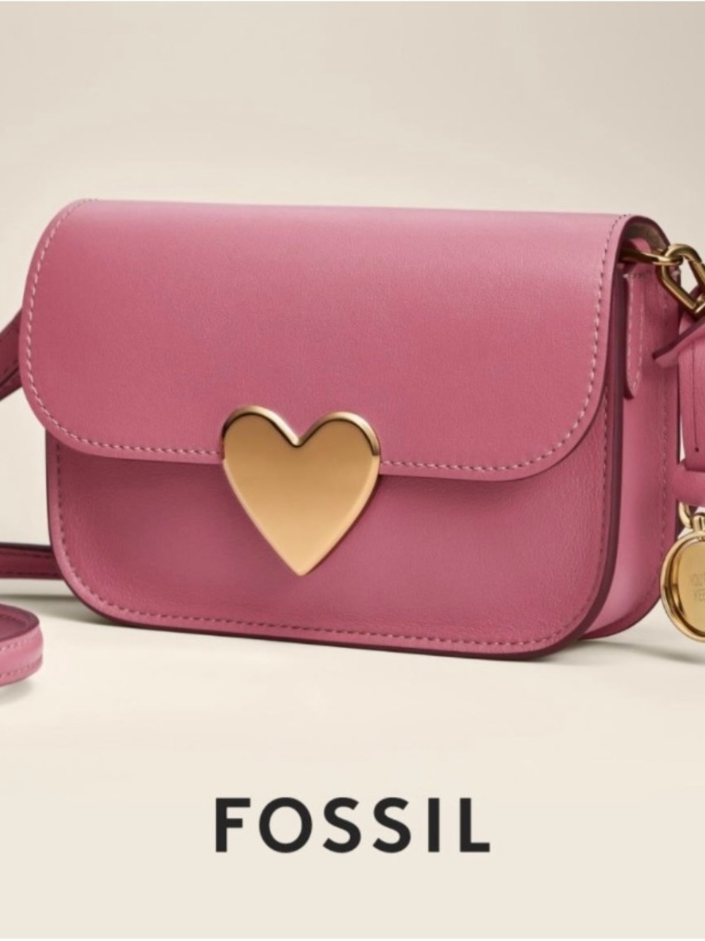 Fossil Pink Leather Crossbody with Gold Heart Accent